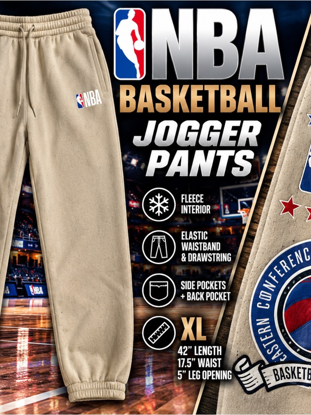 NBA Basketball XL Fleece Jogger Pants East West Conference Graphic Beige